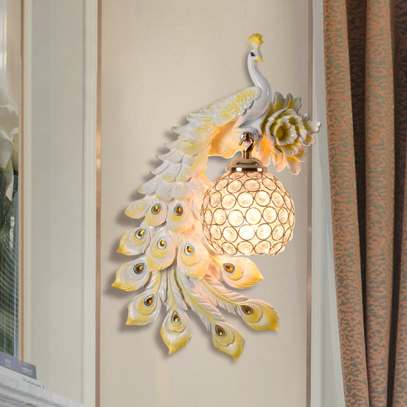 Resin Flower and Peacock Wall Lamp Warehouse 1-Head Dining Room Wall Mounted Fixture with Clear K9 Crystal Shade in White/Yellow/Orange, Left/Right White Left Clearhalo 'Wall Lamps & Sconces' 'Wall Lights' Lighting' 1713200