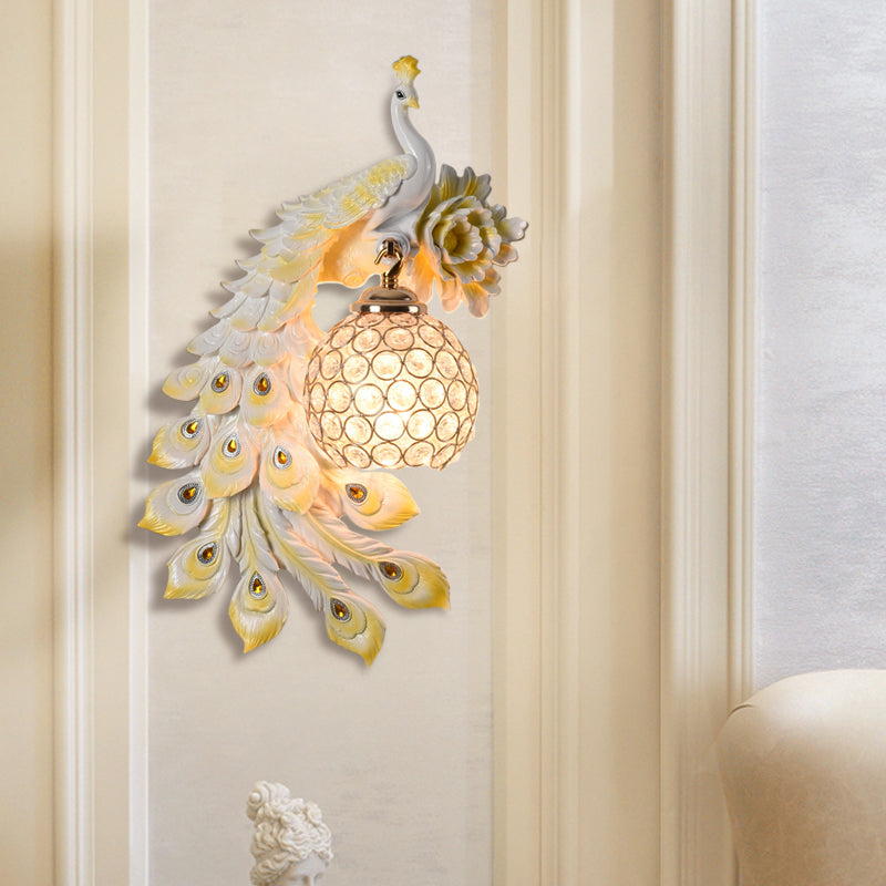 Resin Flower and Peacock Wall Lamp Warehouse 1-Head Dining Room Wall Mounted Fixture with Clear K9 Crystal Shade in White/Yellow/Orange, Left/Right Clearhalo 'Wall Lamps & Sconces' 'Wall Lights' Lighting' 1713201