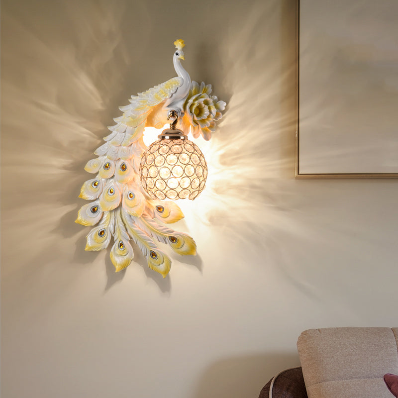 Resin Flower and Peacock Wall Lamp Warehouse 1-Head Dining Room Wall Mounted Fixture with Clear K9 Crystal Shade in White/Yellow/Orange, Left/Right Clearhalo 'Wall Lamps & Sconces' 'Wall Lights' Lighting' 1713202