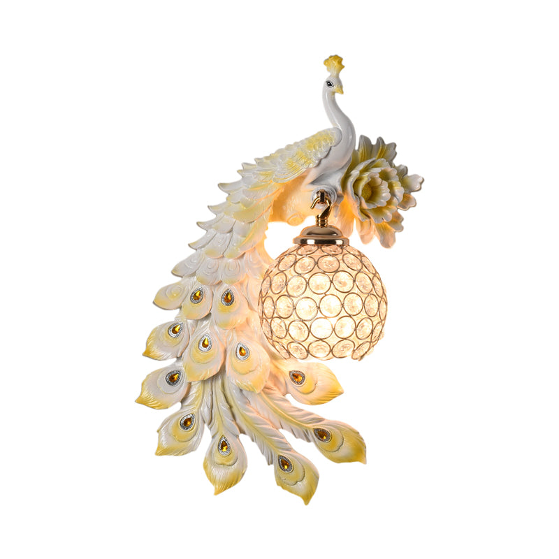 Resin Flower and Peacock Wall Lamp Warehouse 1-Head Dining Room Wall Mounted Fixture with Clear K9 Crystal Shade in White/Yellow/Orange, Left/Right Clearhalo 'Wall Lamps & Sconces' 'Wall Lights' Lighting' 1713203