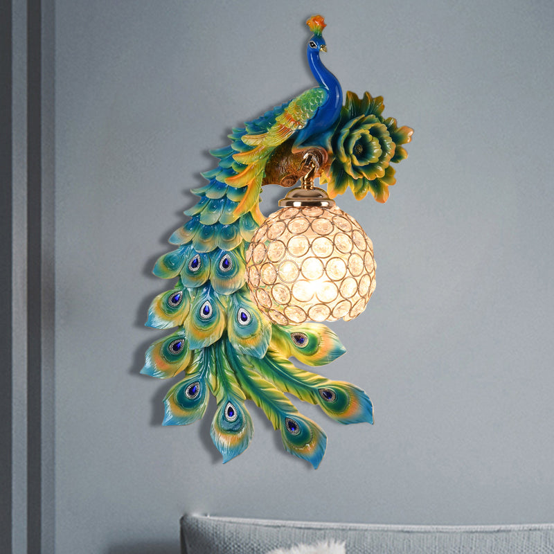 Resin Flower and Peacock Wall Lamp Warehouse 1-Head Dining Room Wall Mounted Fixture with Clear K9 Crystal Shade in White/Yellow/Orange, Left/Right Blue Left Clearhalo 'Wall Lamps & Sconces' 'Wall Lights' Lighting' 1713204