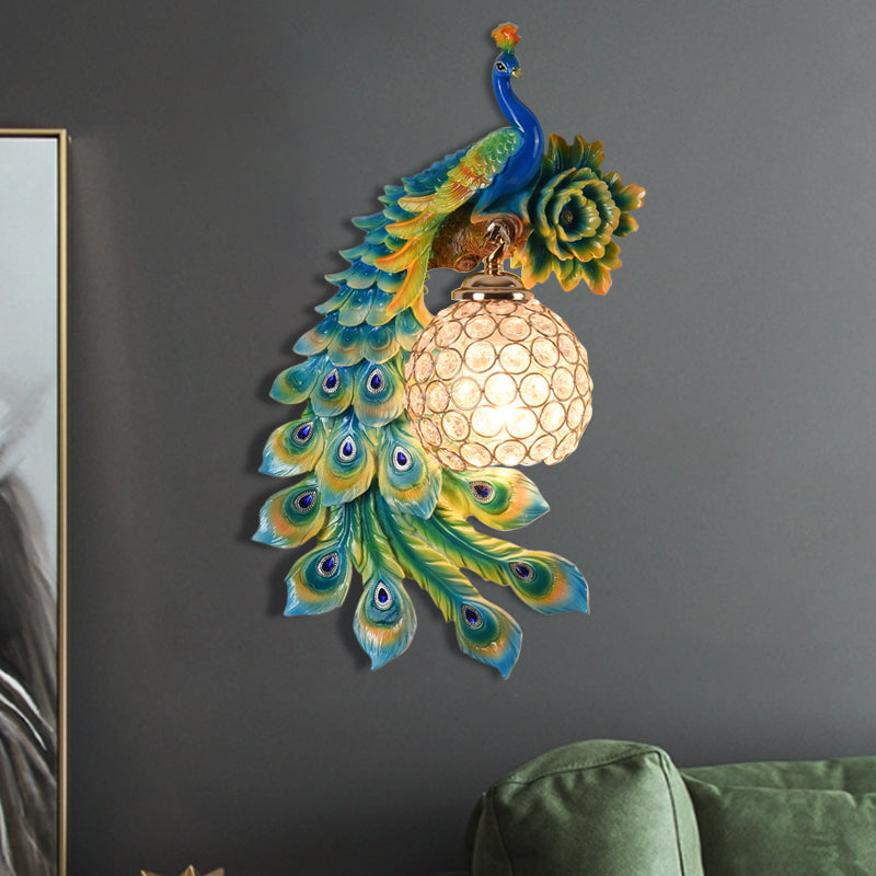 Resin Flower and Peacock Wall Lamp Warehouse 1-Head Dining Room Wall Mounted Fixture with Clear K9 Crystal Shade in White/Yellow/Orange, Left/Right Clearhalo 'Wall Lamps & Sconces' 'Wall Lights' Lighting' 1713205