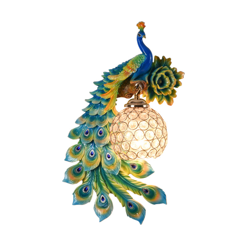 Resin Flower and Peacock Wall Lamp Warehouse 1-Head Dining Room Wall Mounted Fixture with Clear K9 Crystal Shade in White/Yellow/Orange, Left/Right Clearhalo 'Wall Lamps & Sconces' 'Wall Lights' Lighting' 1713207