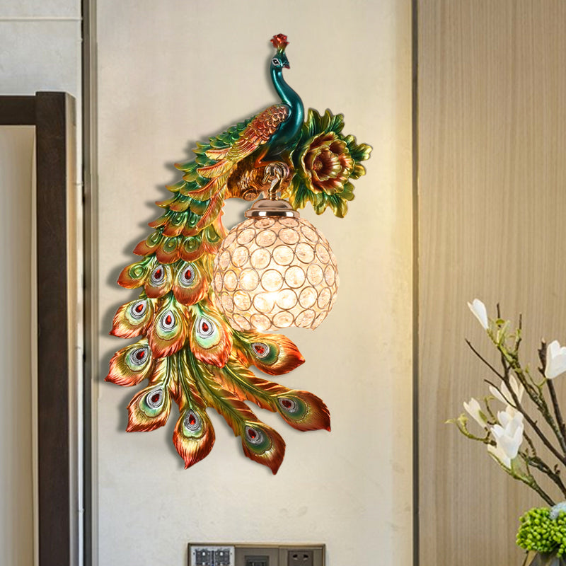 Resin Flower and Peacock Wall Lamp Warehouse 1-Head Dining Room Wall Mounted Fixture with Clear K9 Crystal Shade in White/Yellow/Orange, Left/Right Orange Left Clearhalo 'Wall Lamps & Sconces' 'Wall Lights' Lighting' 1713208