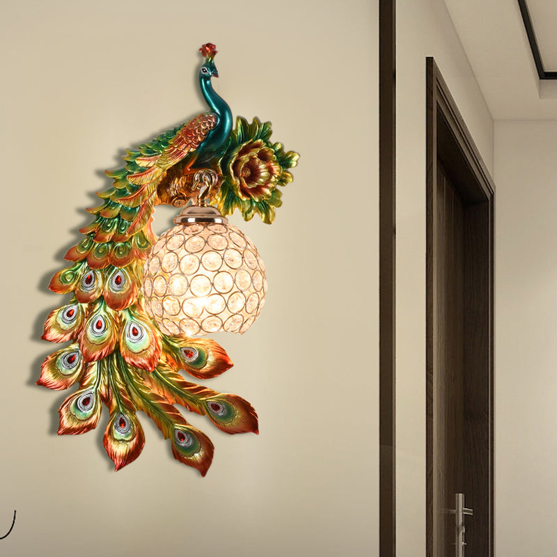 Resin Flower and Peacock Wall Lamp Warehouse 1-Head Dining Room Wall Mounted Fixture with Clear K9 Crystal Shade in White/Yellow/Orange, Left/Right Clearhalo 'Wall Lamps & Sconces' 'Wall Lights' Lighting' 1713209