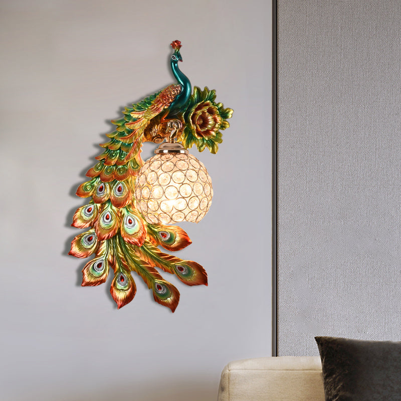 Resin Flower and Peacock Wall Lamp Warehouse 1-Head Dining Room Wall Mounted Fixture with Clear K9 Crystal Shade in White/Yellow/Orange, Left/Right Clearhalo 'Wall Lamps & Sconces' 'Wall Lights' Lighting' 1713210