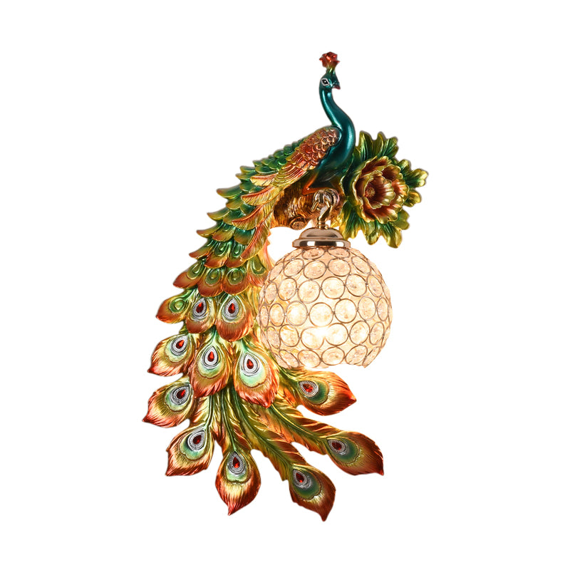 Resin Flower and Peacock Wall Lamp Warehouse 1-Head Dining Room Wall Mounted Fixture with Clear K9 Crystal Shade in White/Yellow/Orange, Left/Right Clearhalo 'Wall Lamps & Sconces' 'Wall Lights' Lighting' 1713211