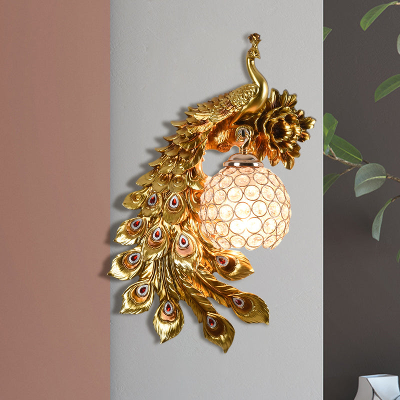 Resin Flower and Peacock Wall Lamp Warehouse 1-Head Dining Room Wall Mounted Fixture with Clear K9 Crystal Shade in White/Yellow/Orange, Left/Right Gold Left Clearhalo 'Wall Lamps & Sconces' 'Wall Lights' Lighting' 1713212