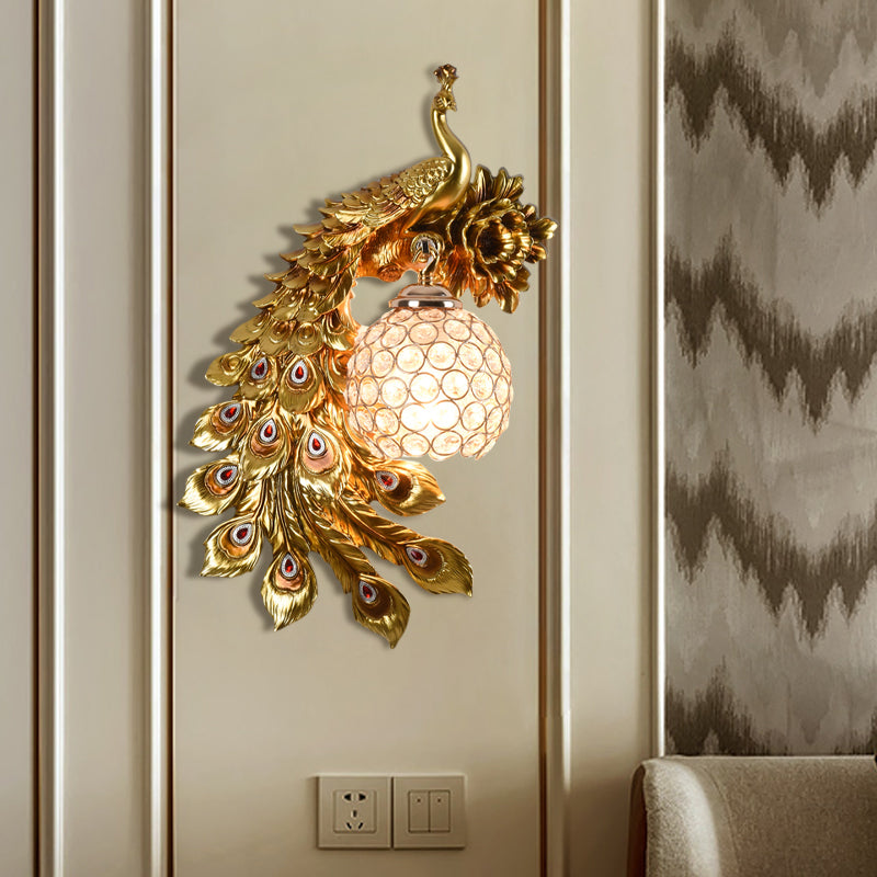 Resin Flower and Peacock Wall Lamp Warehouse 1-Head Dining Room Wall Mounted Fixture with Clear K9 Crystal Shade in White/Yellow/Orange, Left/Right Clearhalo 'Wall Lamps & Sconces' 'Wall Lights' Lighting' 1713213