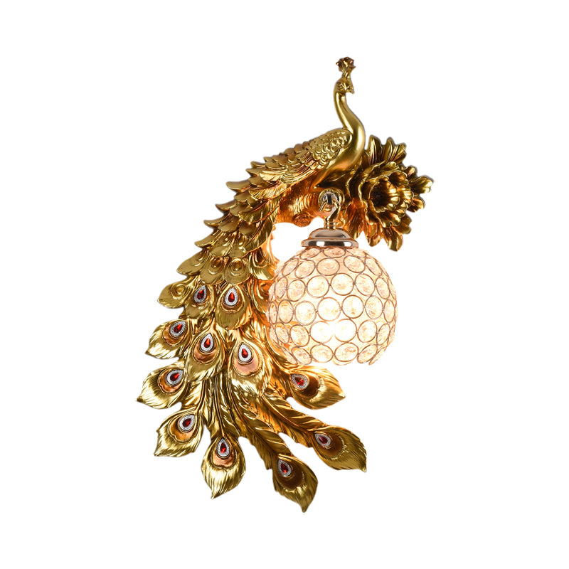 Resin Flower and Peacock Wall Lamp Warehouse 1-Head Dining Room Wall Mounted Fixture with Clear K9 Crystal Shade in White/Yellow/Orange, Left/Right Clearhalo 'Wall Lamps & Sconces' 'Wall Lights' Lighting' 1713214