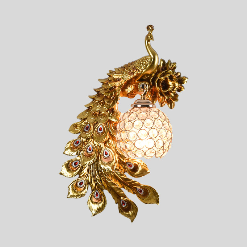 Resin Flower and Peacock Wall Lamp Warehouse 1-Head Dining Room Wall Mounted Fixture with Clear K9 Crystal Shade in White/Yellow/Orange, Left/Right Clearhalo 'Wall Lamps & Sconces' 'Wall Lights' Lighting' 1713215