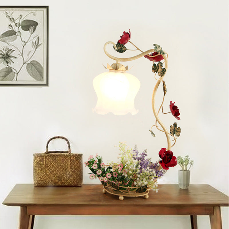 Vintage Flower Desk Lamp 1 Light Cream Glass Nightstand Lighting with Rose and Leave Decor in White/Beige/Blue Clearhalo 'Lamps' 'Table Lamps' Lighting' 1713253