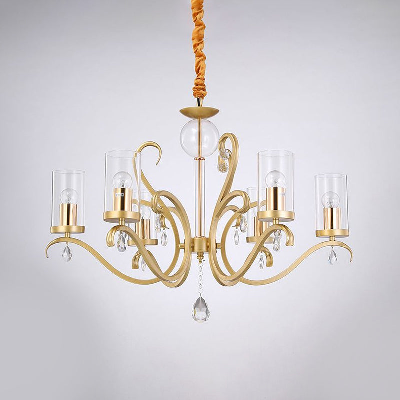 Cylinder Suspension Lamp Minimalist Clear Glass 6 Heads Gold Chandelier with Crystal Droplet Clearhalo 'Ceiling Lights' 'Chandeliers' 'Modern Chandeliers' 'Modern' Lighting' 1713281