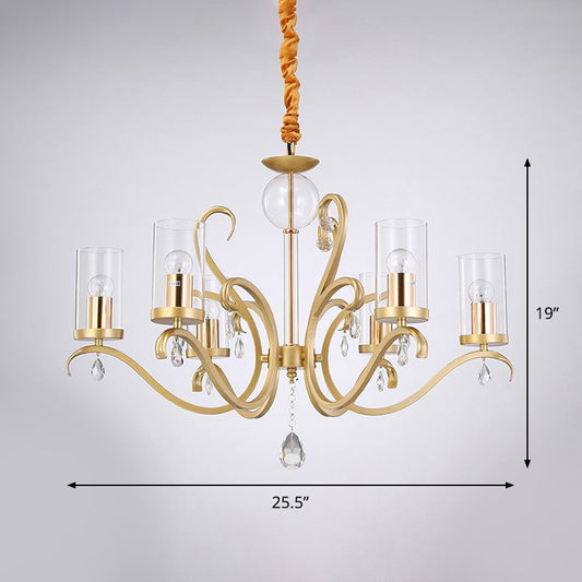 Cylinder Suspension Lamp Minimalist Clear Glass 6 Heads Gold Chandelier with Crystal Droplet Clearhalo 'Ceiling Lights' 'Chandeliers' 'Modern Chandeliers' 'Modern' Lighting' 1713283