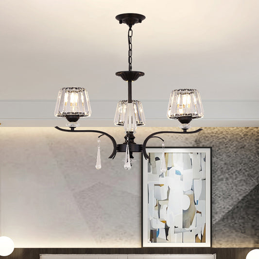 Beveled Crystal Conical Chandelier Simple 3 Lights Ceiling Suspension Lamp with Droplet in Black Black Clearhalo 'Ceiling Lights' 'Chandeliers' 'Modern Chandeliers' 'Modern' Lighting' 1713284