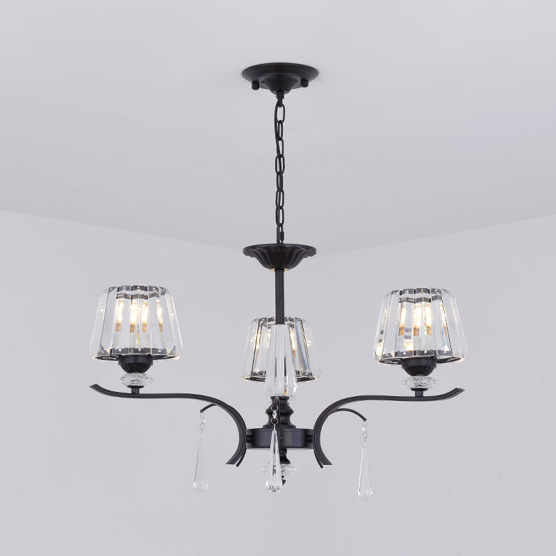 Beveled Crystal Conical Chandelier Simple 3 Lights Ceiling Suspension Lamp with Droplet in Black Clearhalo 'Ceiling Lights' 'Chandeliers' 'Modern Chandeliers' 'Modern' Lighting' 1713285