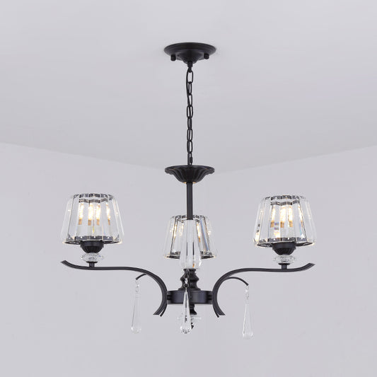 Beveled Crystal Conical Chandelier Simple 3 Lights Ceiling Suspension Lamp with Droplet in Black Clearhalo 'Ceiling Lights' 'Chandeliers' 'Modern Chandeliers' 'Modern' Lighting' 1713285