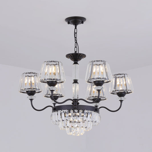 Black Tiered Down Lighting Simplicity 6 Lights Crystal Block Chandelier Lamp with Conical Shade Black Clearhalo 'Ceiling Lights' 'Chandeliers' 'Modern Chandeliers' 'Modern' Lighting' 1713288