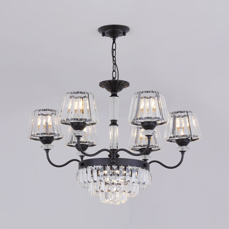 Black Tiered Down Lighting Simplicity 6 Lights Crystal Block Chandelier Lamp with Conical Shade Clearhalo 'Ceiling Lights' 'Chandeliers' 'Modern Chandeliers' 'Modern' Lighting' 1713290