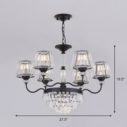 Black Tiered Down Lighting Simplicity 6 Lights Crystal Block Chandelier Lamp with Conical Shade Clearhalo 'Ceiling Lights' 'Chandeliers' 'Modern Chandeliers' 'Modern' Lighting' 1713291
