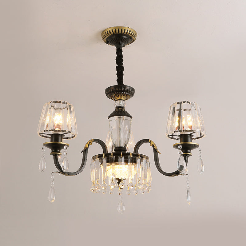 Cone Crystal Block Chandelier Light Modernism 3/6-Head Black Down Lighting Pendant with Droplet Clearhalo 'Ceiling Lights' 'Chandeliers' 'Modern Chandeliers' 'Modern' Lighting' 1713332