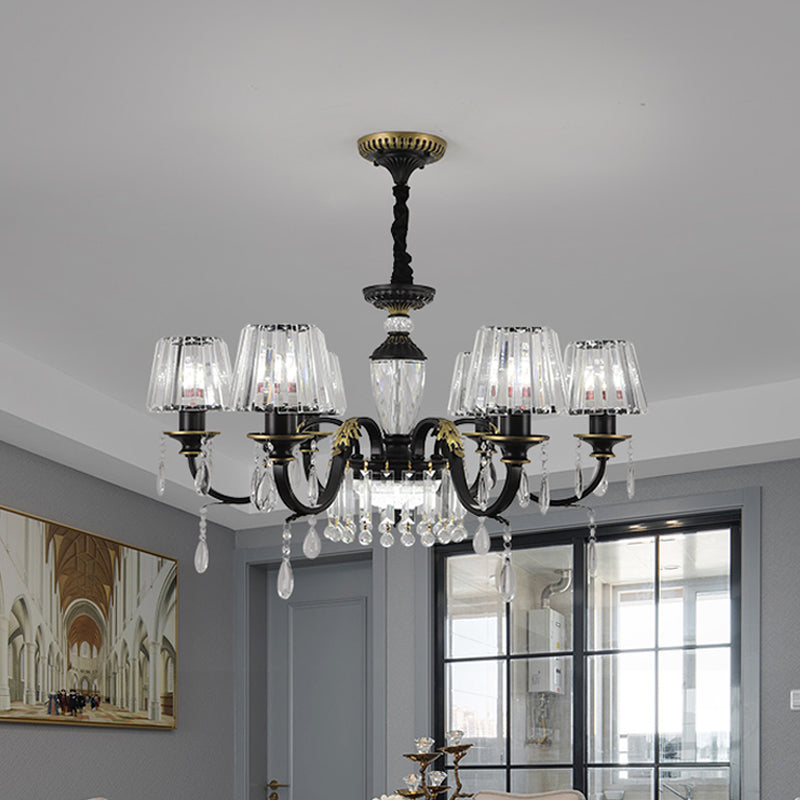 Cone Crystal Block Chandelier Light Modernism 3/6-Head Black Down Lighting Pendant with Droplet 6 Black Clearhalo 'Ceiling Lights' 'Chandeliers' 'Modern Chandeliers' 'Modern' Lighting' 1713334