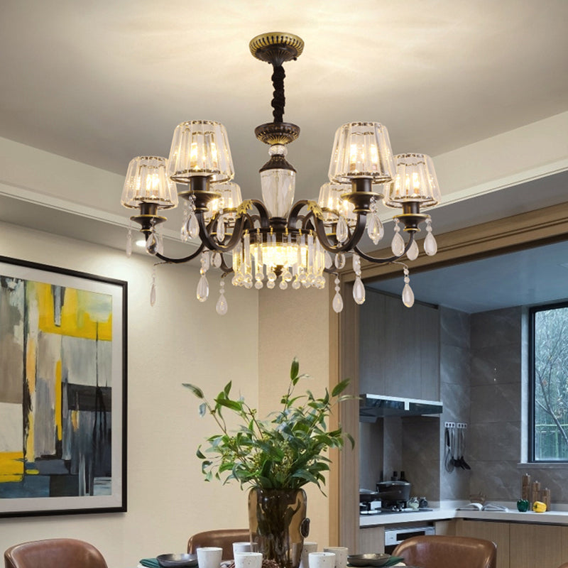 Cone Crystal Block Chandelier Light Modernism 3/6-Head Black Down Lighting Pendant with Droplet Clearhalo 'Ceiling Lights' 'Chandeliers' 'Modern Chandeliers' 'Modern' Lighting' 1713336