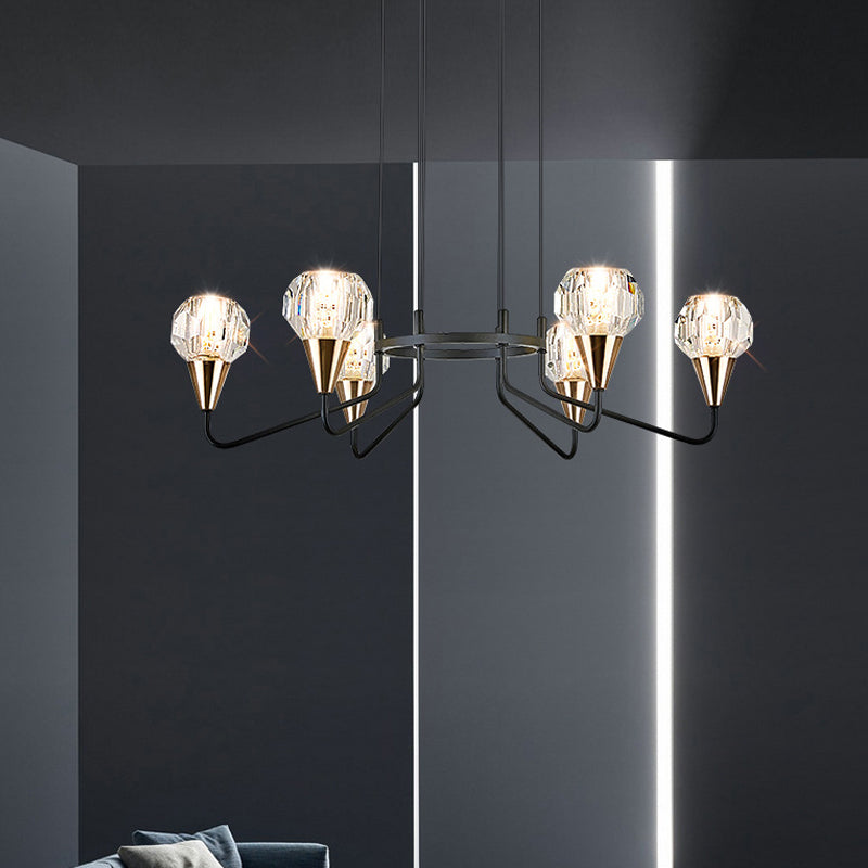 6/8 Bulbs Living Room Suspension Light Minimalism Black Chandelier with Round Faceted Crystal Shade 6 Black Clearhalo 'Ceiling Lights' 'Chandeliers' 'Modern Chandeliers' 'Modern' Lighting' 1713339