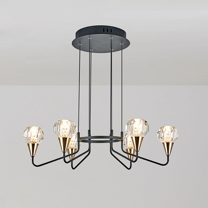 6/8 Bulbs Living Room Suspension Light Minimalism Black Chandelier with Round Faceted Crystal Shade Clearhalo 'Ceiling Lights' 'Chandeliers' 'Modern Chandeliers' 'Modern' Lighting' 1713340