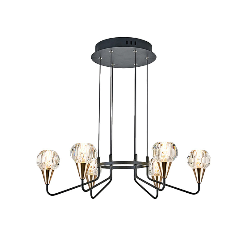 6/8 Bulbs Living Room Suspension Light Minimalism Black Chandelier with Round Faceted Crystal Shade Clearhalo 'Ceiling Lights' 'Chandeliers' 'Modern Chandeliers' 'Modern' Lighting' 1713341