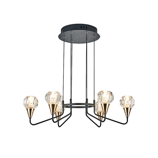 6/8 Bulbs Living Room Suspension Light Minimalism Black Chandelier with Round Faceted Crystal Shade Clearhalo 'Ceiling Lights' 'Chandeliers' 'Modern Chandeliers' 'Modern' Lighting' 1713341