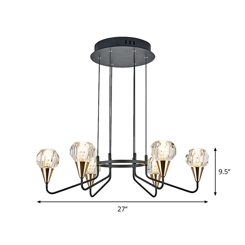 6/8 Bulbs Living Room Suspension Light Minimalism Black Chandelier with Round Faceted Crystal Shade Clearhalo 'Ceiling Lights' 'Chandeliers' 'Modern Chandeliers' 'Modern' Lighting' 1713342