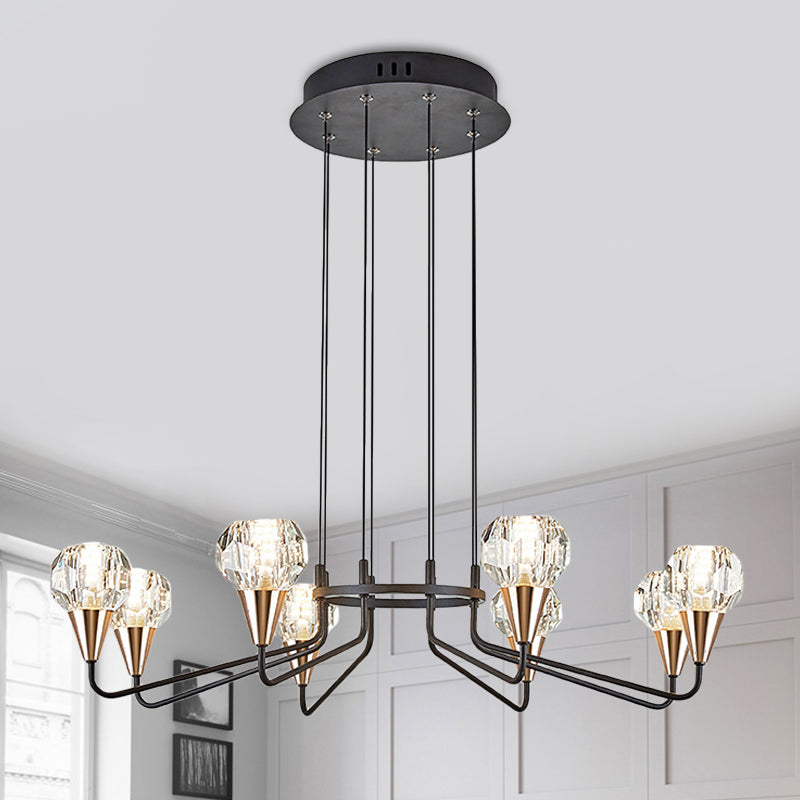 6/8 Bulbs Living Room Suspension Light Minimalism Black Chandelier with Round Faceted Crystal Shade 8 Black Clearhalo 'Ceiling Lights' 'Chandeliers' 'Modern Chandeliers' 'Modern' Lighting' 1713343