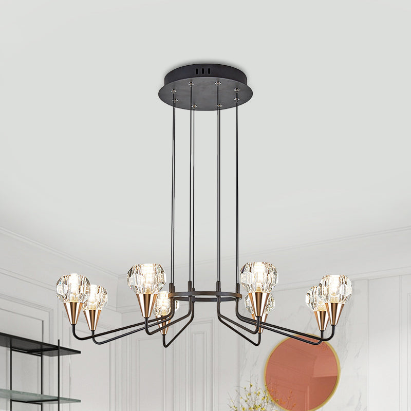 6/8 Bulbs Living Room Suspension Light Minimalism Black Chandelier with Round Faceted Crystal Shade Clearhalo 'Ceiling Lights' 'Chandeliers' 'Modern Chandeliers' 'Modern' Lighting' 1713344