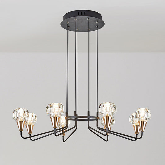 6/8 Bulbs Living Room Suspension Light Minimalism Black Chandelier with Round Faceted Crystal Shade Clearhalo 'Ceiling Lights' 'Chandeliers' 'Modern Chandeliers' 'Modern' Lighting' 1713345
