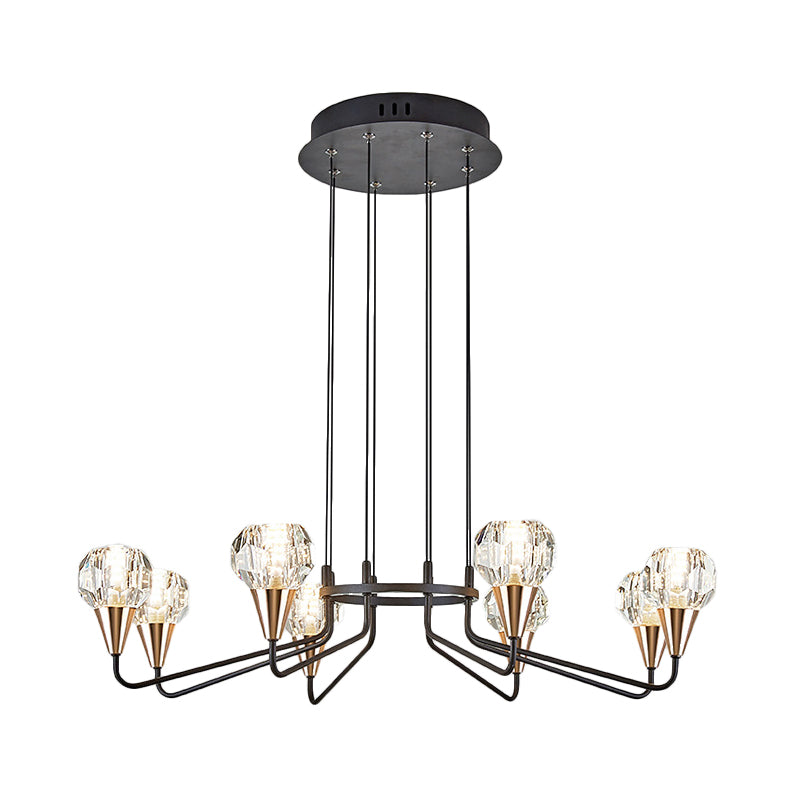 6/8 Bulbs Living Room Suspension Light Minimalism Black Chandelier with Round Faceted Crystal Shade Clearhalo 'Ceiling Lights' 'Chandeliers' 'Modern Chandeliers' 'Modern' Lighting' 1713346