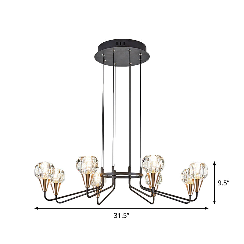 6/8 Bulbs Living Room Suspension Light Minimalism Black Chandelier with Round Faceted Crystal Shade Clearhalo 'Ceiling Lights' 'Chandeliers' 'Modern Chandeliers' 'Modern' Lighting' 1713347