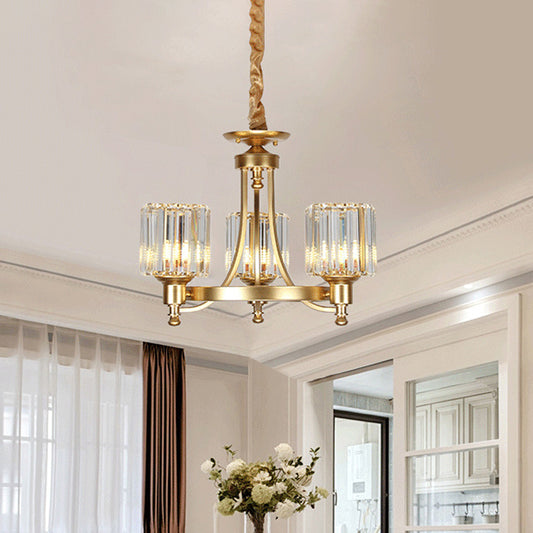 Metal Round Chandelier Lighting Contemporary 3/6-Bulb Gold Ceiling Pendant Light with Drum Crystal Prisms Shade 3 Gold Clearhalo 'Ceiling Lights' 'Chandeliers' 'Modern Chandeliers' 'Modern' Lighting' 1713348