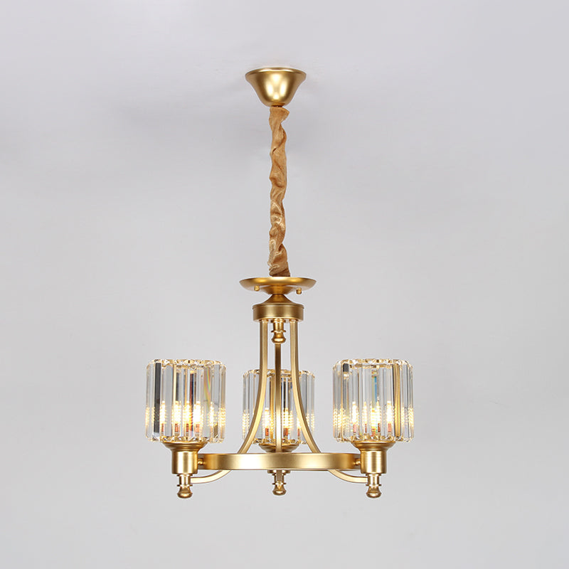 Metal Round Chandelier Lighting Contemporary 3/6-Bulb Gold Ceiling Pendant Light with Drum Crystal Prisms Shade Clearhalo 'Ceiling Lights' 'Chandeliers' 'Modern Chandeliers' 'Modern' Lighting' 1713350