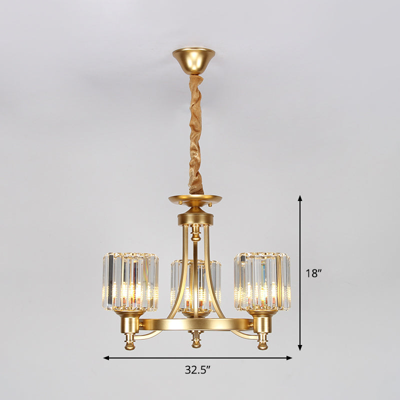 Metal Round Chandelier Lighting Contemporary 3/6-Bulb Gold Ceiling Pendant Light with Drum Crystal Prisms Shade Clearhalo 'Ceiling Lights' 'Chandeliers' 'Modern Chandeliers' 'Modern' Lighting' 1713351