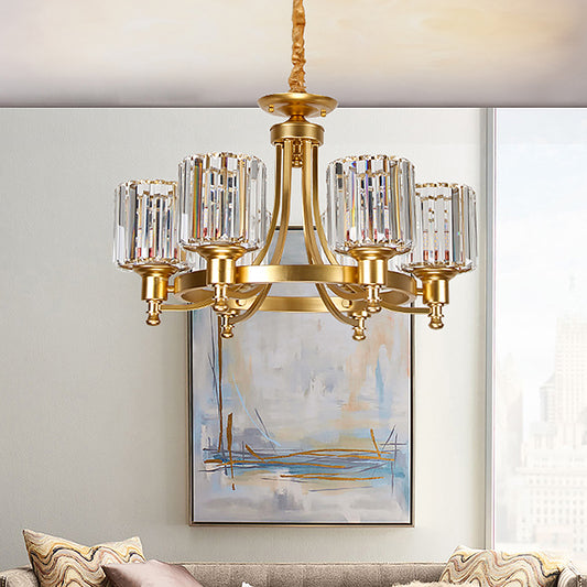 Metal Round Chandelier Lighting Contemporary 3/6-Bulb Gold Ceiling Pendant Light with Drum Crystal Prisms Shade 6 Gold Clearhalo 'Ceiling Lights' 'Chandeliers' 'Modern Chandeliers' 'Modern' Lighting' 1713352