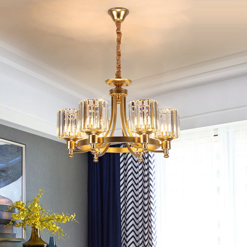 Metal Round Chandelier Lighting Contemporary 3/6-Bulb Gold Ceiling Pendant Light with Drum Crystal Prisms Shade Clearhalo 'Ceiling Lights' 'Chandeliers' 'Modern Chandeliers' 'Modern' Lighting' 1713353