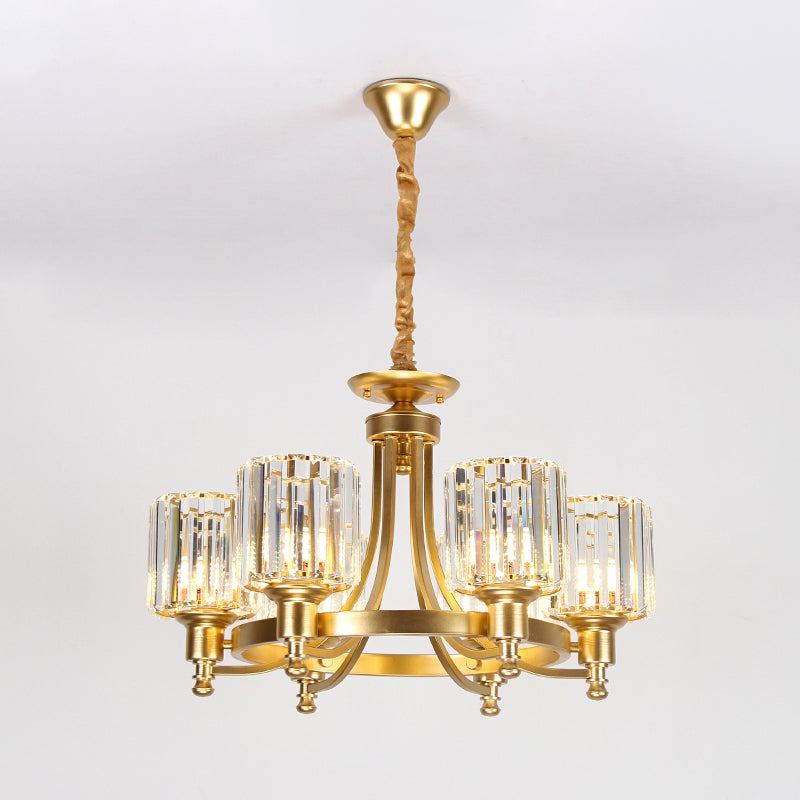 Metal Round Chandelier Lighting Contemporary 3/6-Bulb Gold Ceiling Pendant Light with Drum Crystal Prisms Shade Clearhalo 'Ceiling Lights' 'Chandeliers' 'Modern Chandeliers' 'Modern' Lighting' 1713354