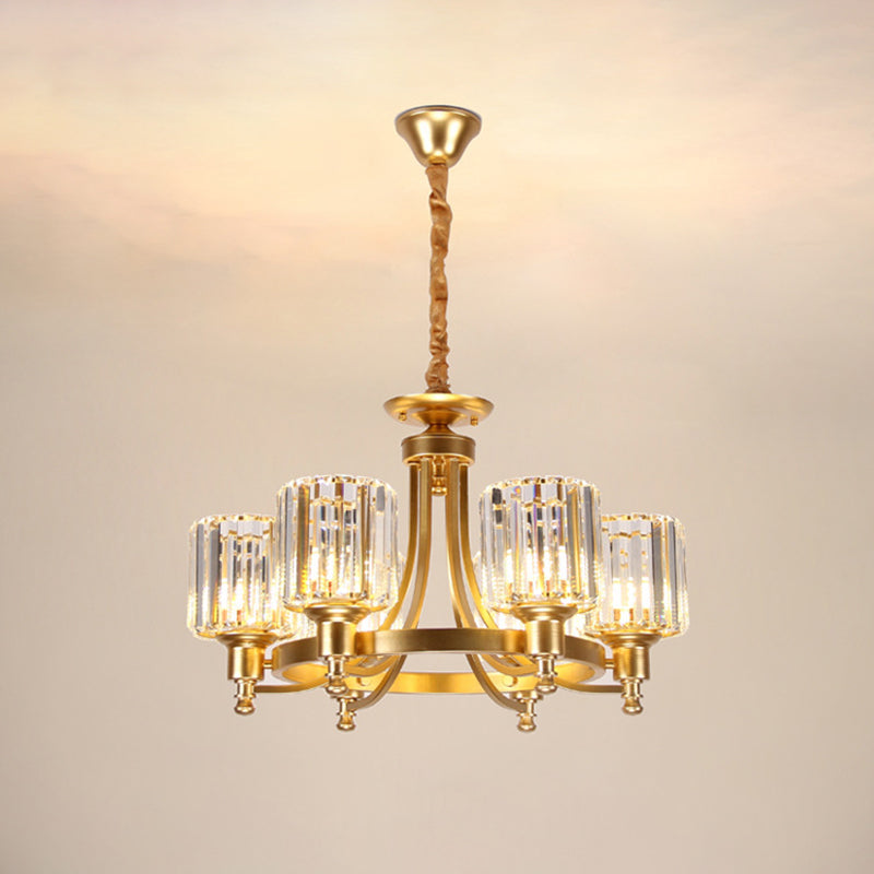 Metal Round Chandelier Lighting Contemporary 3/6-Bulb Gold Ceiling Pendant Light with Drum Crystal Prisms Shade Clearhalo 'Ceiling Lights' 'Chandeliers' 'Modern Chandeliers' 'Modern' Lighting' 1713355