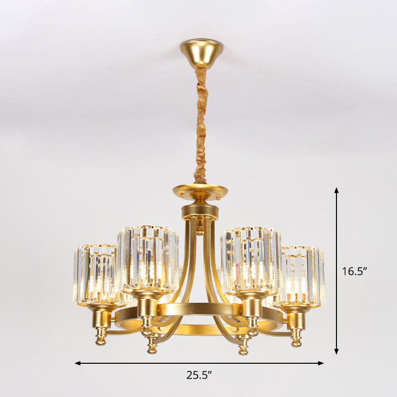 Metal Round Chandelier Lighting Contemporary 3/6-Bulb Gold Ceiling Pendant Light with Drum Crystal Prisms Shade Clearhalo 'Ceiling Lights' 'Chandeliers' 'Modern Chandeliers' 'Modern' Lighting' 1713356