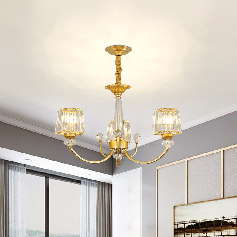 Barrel Dining Room Chandelier Lighting Crystal Block 3/6 Lights Modern Suspension Pendant in Gold 3 Gold Clearhalo 'Ceiling Lights' 'Chandeliers' 'Modern Chandeliers' 'Modern' Lighting' 1713366