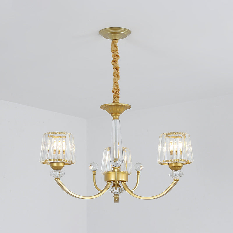 Barrel Dining Room Chandelier Lighting Crystal Block 3/6 Lights Modern Suspension Pendant in Gold Clearhalo 'Ceiling Lights' 'Chandeliers' 'Modern Chandeliers' 'Modern' Lighting' 1713367