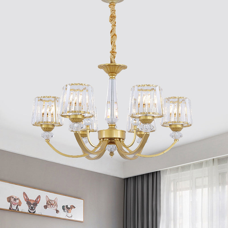 Barrel Dining Room Chandelier Lighting Crystal Block 3/6 Lights Modern Suspension Pendant in Gold 6 Gold Clearhalo 'Ceiling Lights' 'Chandeliers' 'Modern Chandeliers' 'Modern' Lighting' 1713370