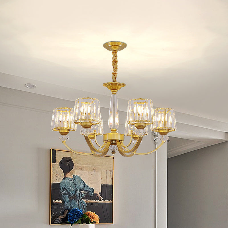 Barrel Dining Room Chandelier Lighting Crystal Block 3/6 Lights Modern Suspension Pendant in Gold Clearhalo 'Ceiling Lights' 'Chandeliers' 'Modern Chandeliers' 'Modern' Lighting' 1713371