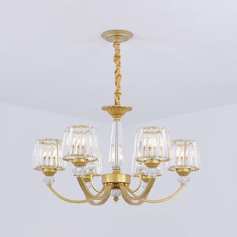 Barrel Dining Room Chandelier Lighting Crystal Block 3/6 Lights Modern Suspension Pendant in Gold Clearhalo 'Ceiling Lights' 'Chandeliers' 'Modern Chandeliers' 'Modern' Lighting' 1713372